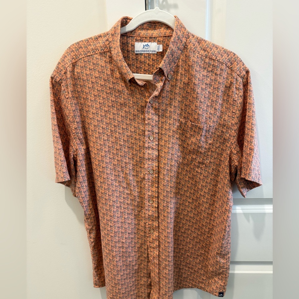Southern Tide Shirt Mens Large Coral Orange Pink Pineapple Cocktail Linen Blend